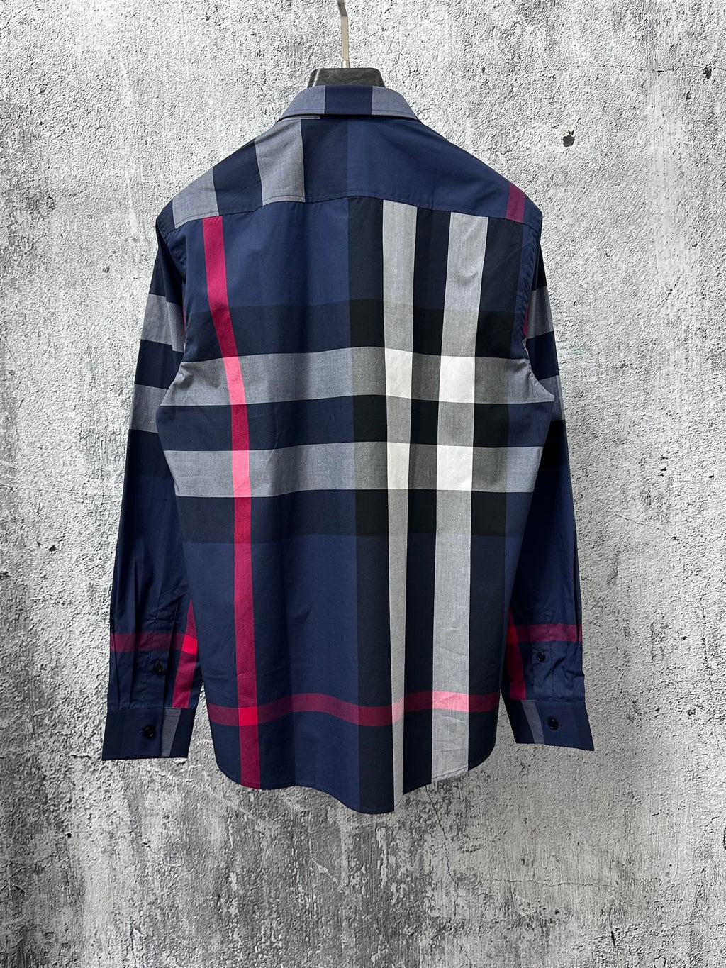 Plaid button-up shirt, long sleeves, navy with white and red check on back