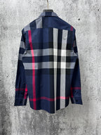 Plaid button-up shirt, long sleeves, navy with white and red check on back