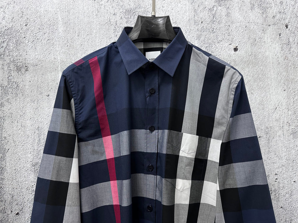Burberry long-sleeve plaid button-up shirt front view, navy and gray with red line