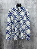 Long-sleeve button-up shirt in blue and cream plaid with pointed collar