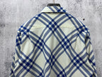 Plaid long-sleeve button-up shirt, back view in blue and cream