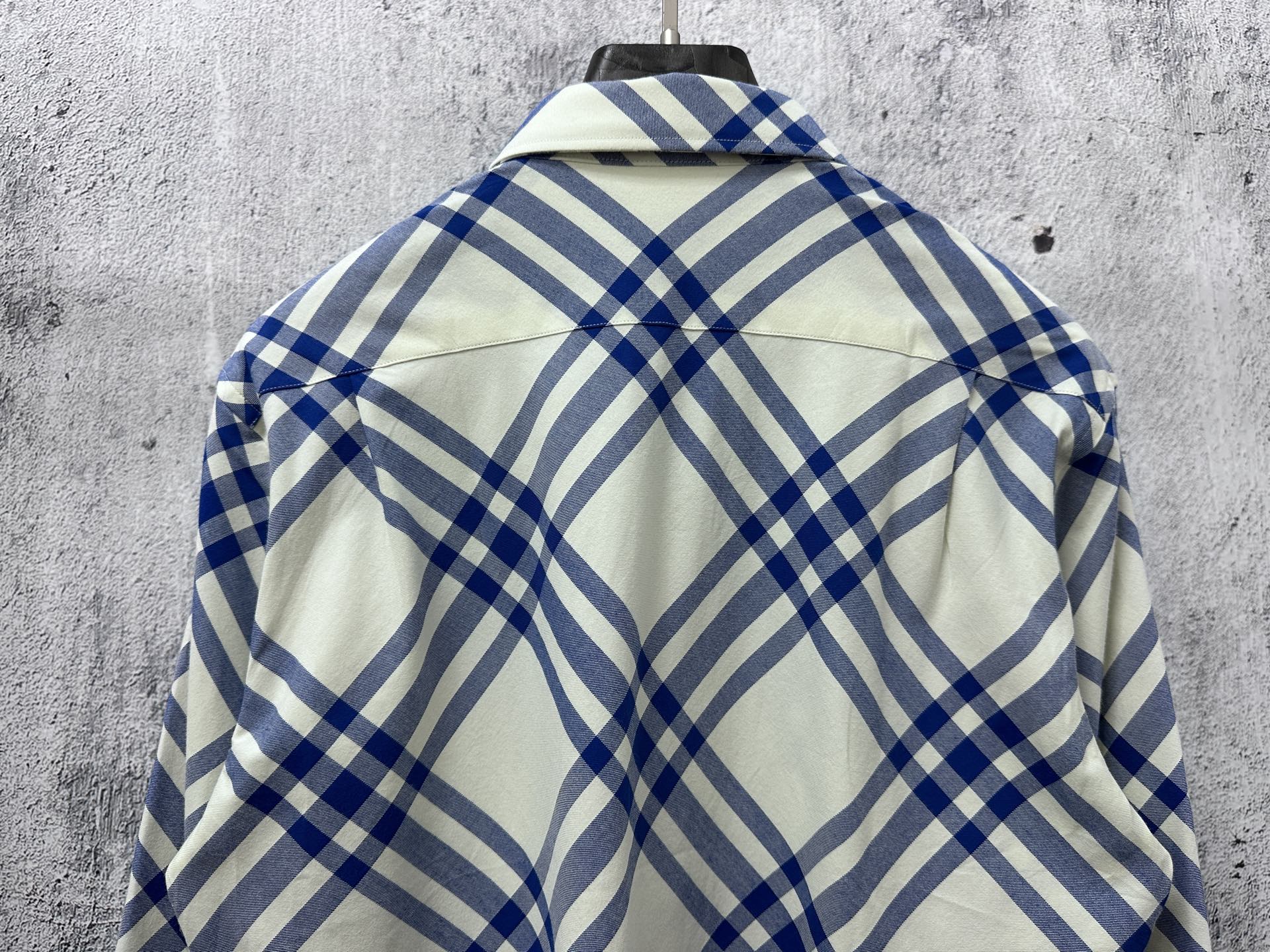 Plaid long-sleeve button-up shirt, back view in blue and cream