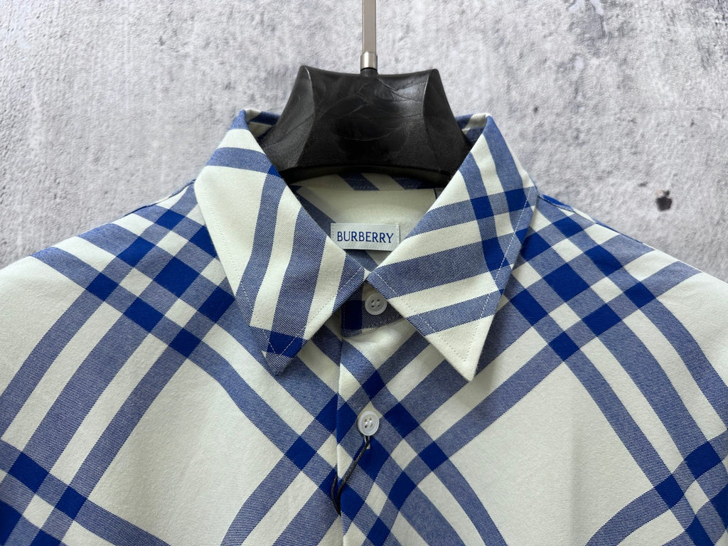 Burberry plaid shirt neckline, button front, cream and blue check pattern