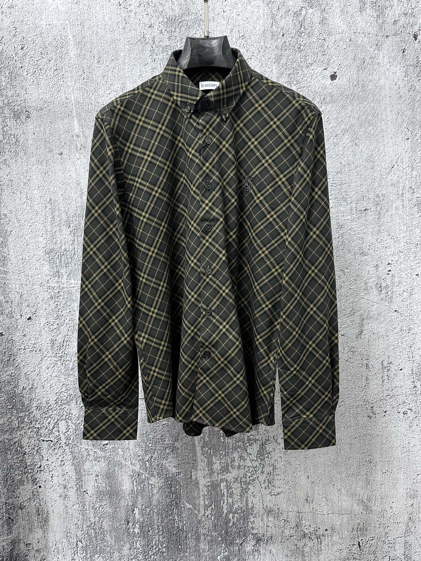 Burberry long-sleeve plaid button-up shirt, dark green with yellow tones