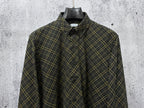 Burberry long-sleeve plaid button-up shirt, dark green with yellow check pattern