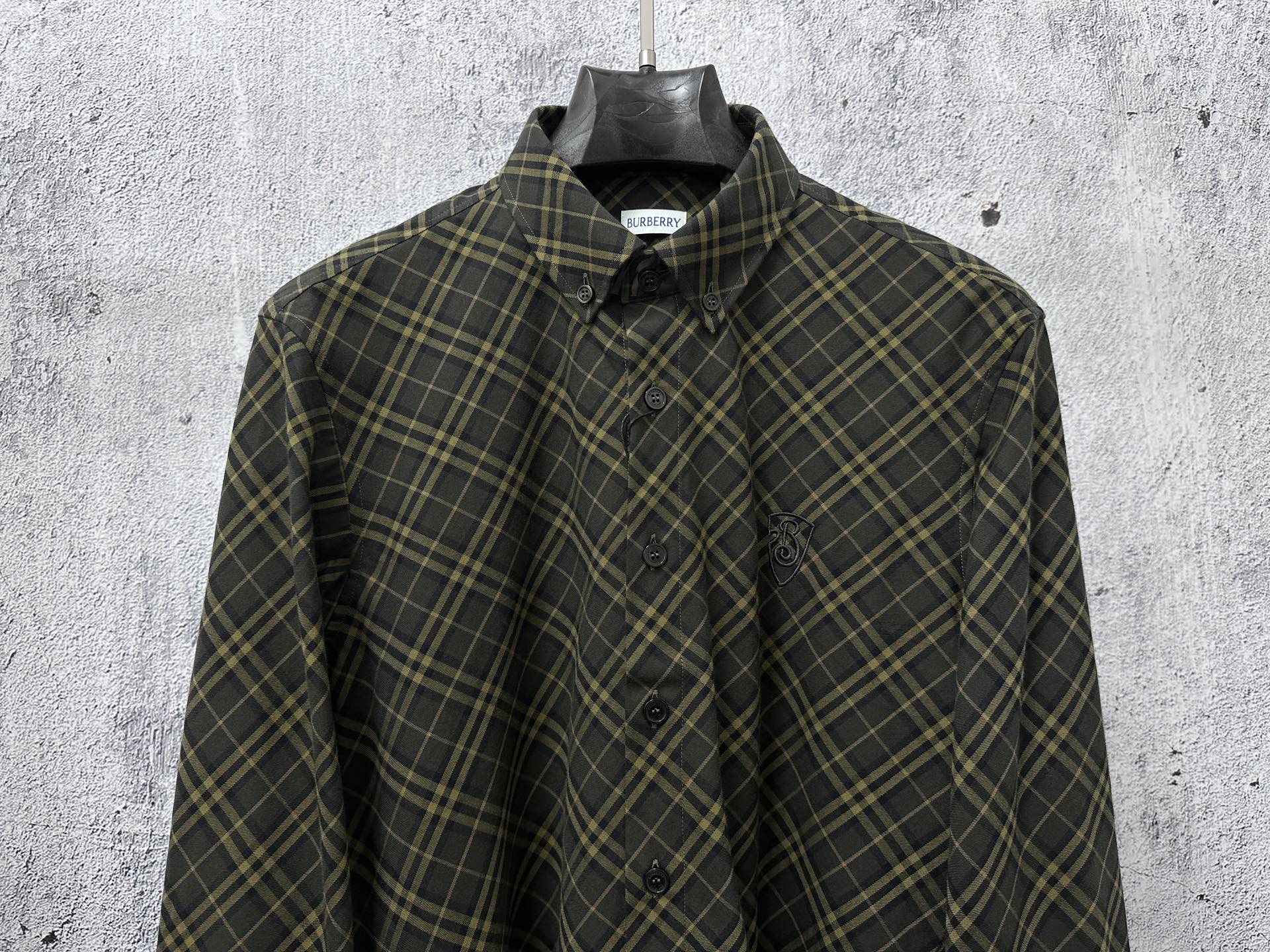Burberry long-sleeve plaid button-up shirt, dark green with yellow check pattern