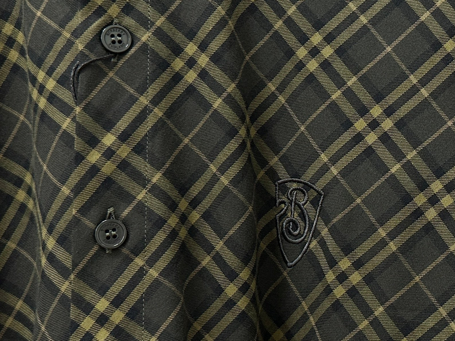Close-up of plaid shirt front with dark buttons and embroidered emblem