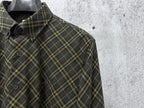 Plaid button-up shirt collar and front buttons in dark green with yellow lines