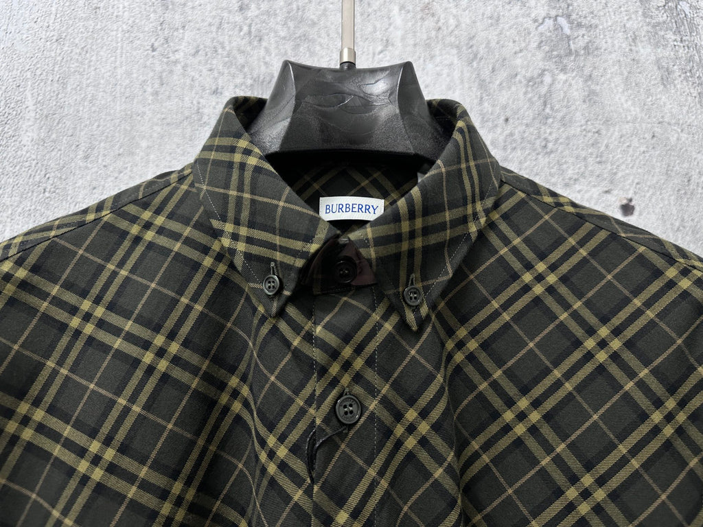 Burberry plaid shirt neckline and logo patch, dark green with yellow check