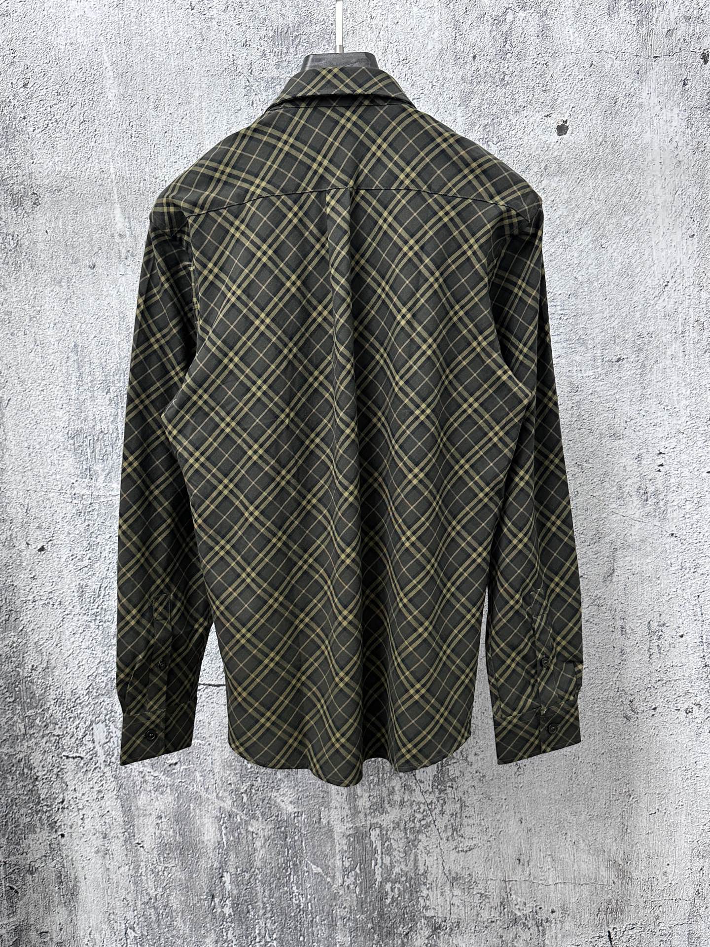 Burberry long-sleeve button-up shirt, back view, dark green and yellow plaid