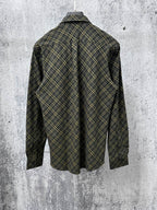 Burberry long-sleeve plaid button-up shirt, back view, dark green with yellow tones