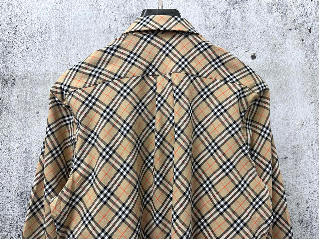 Burberry plaid long-sleeve shirt back view with center pleat
