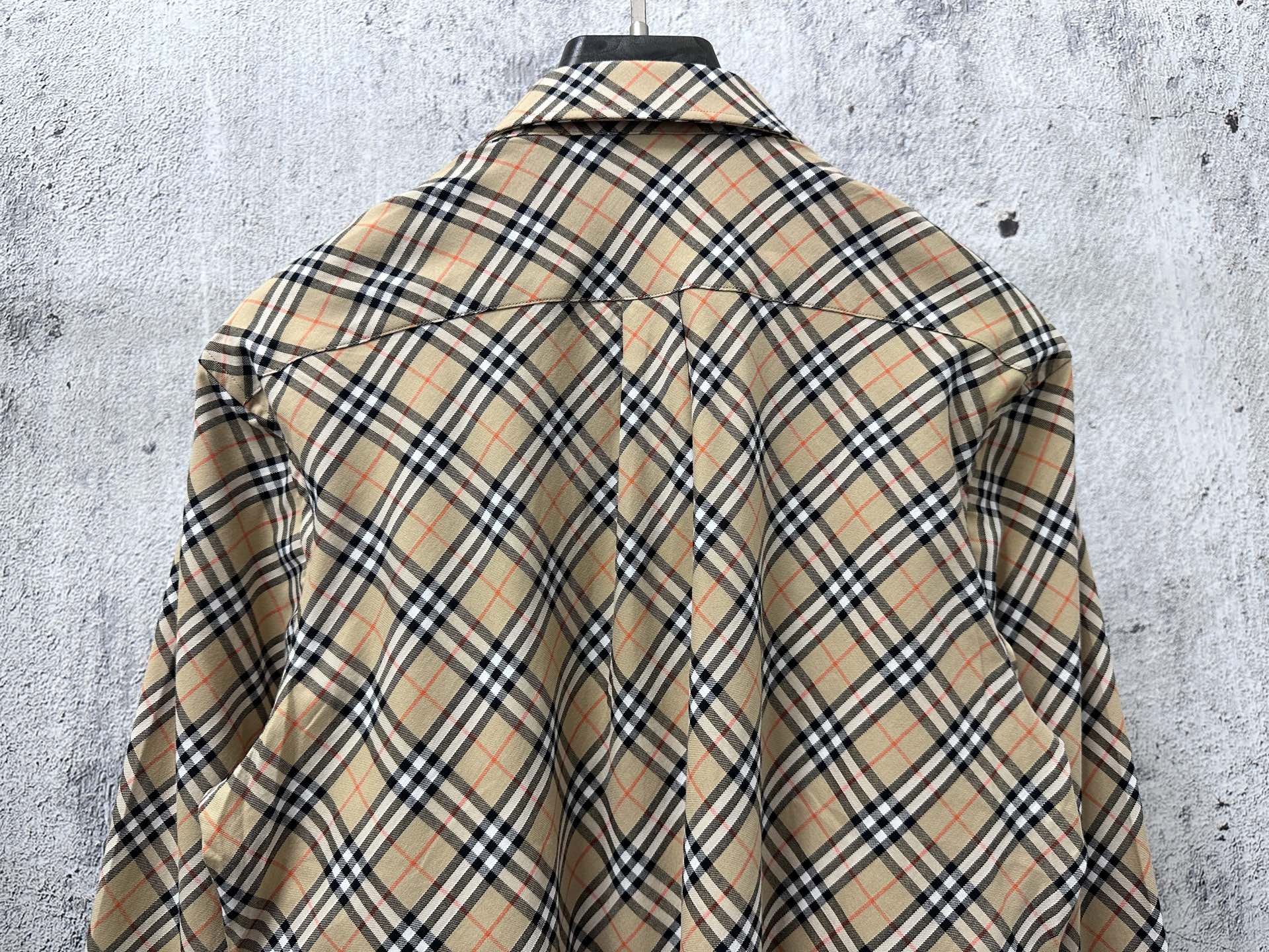 Burberry plaid long-sleeve shirt back view with yoke and hanging tie