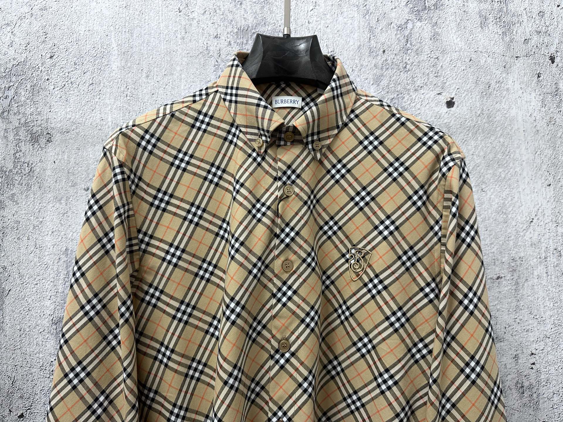 Burberry plaid long-sleeve button-up shirt with logo patch on chest
