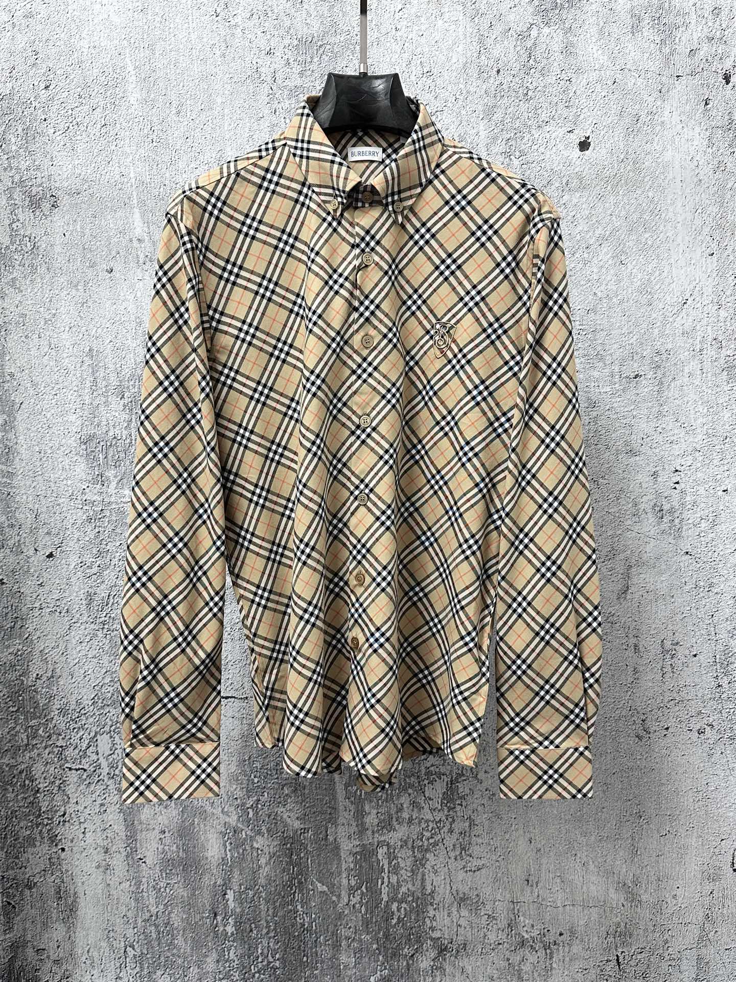 Burberry plaid long-sleeve button-up shirt with buttoned collar