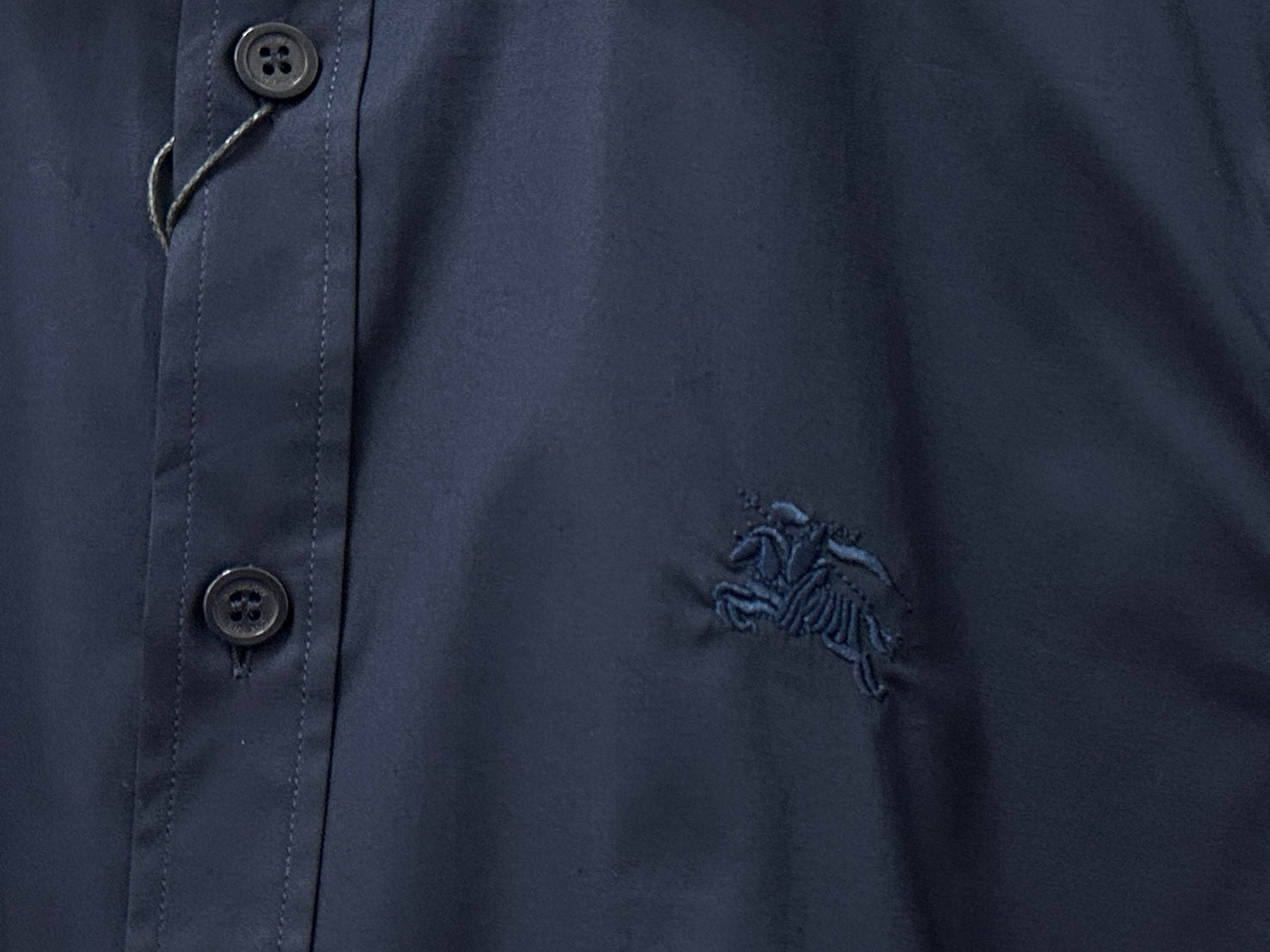 Burberry long-sleeve shirt, dark navy, button cuffs and horse logo patch