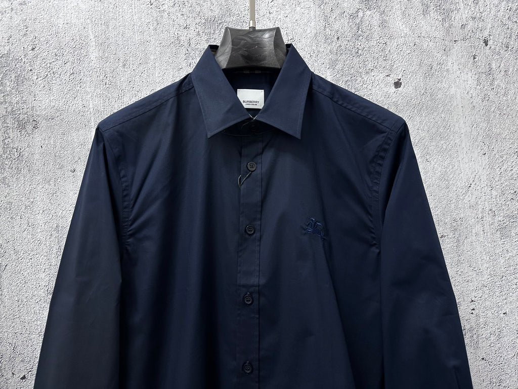 Burberry long-sleeve button-up shirt with front buttons and small chest logo, navy