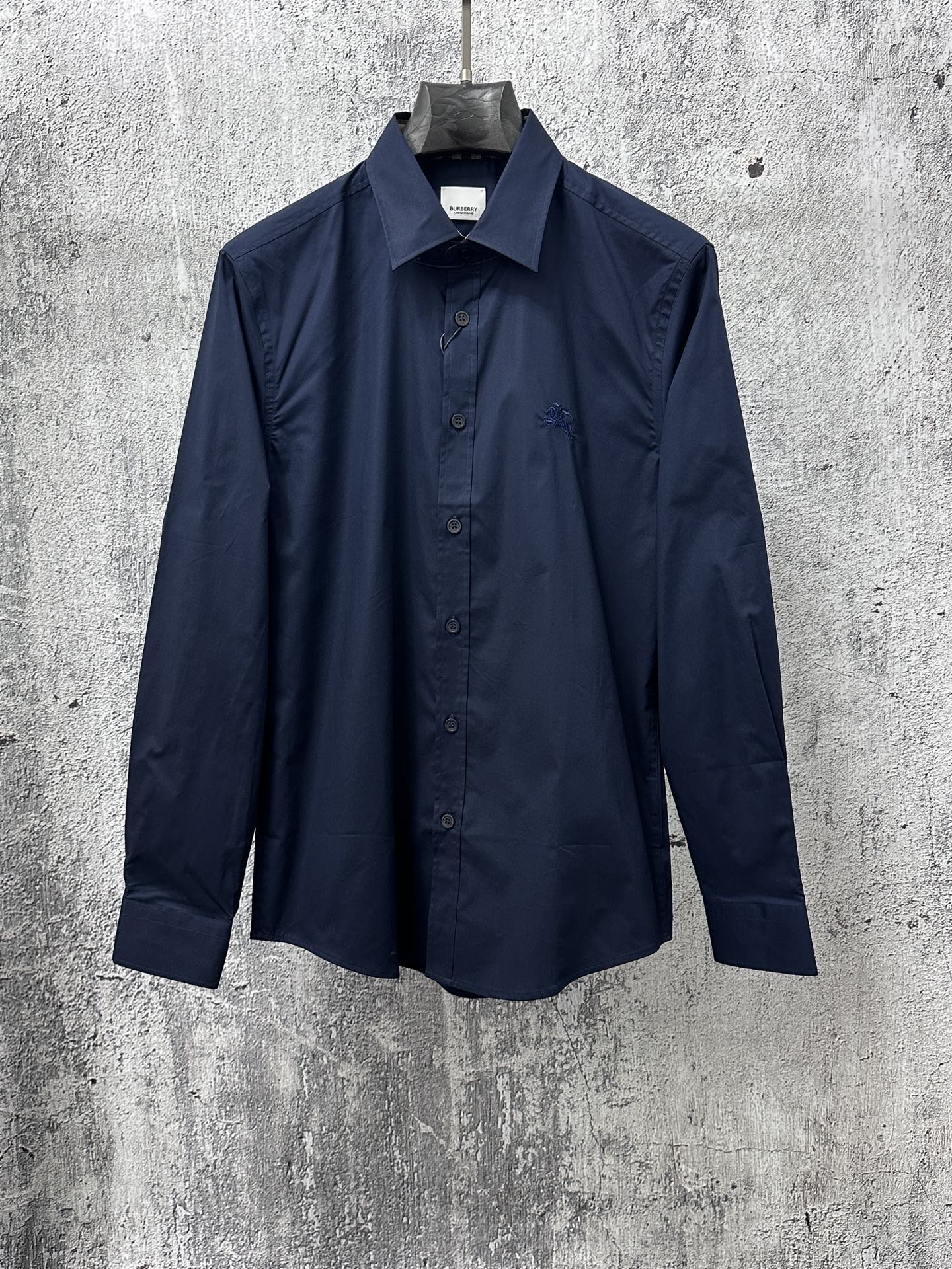 Burberry long-sleeve button-up shirt, dark navy, with collar and button placket