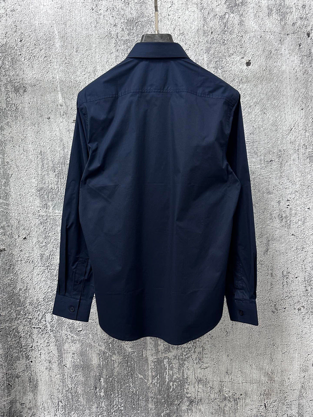 Burberry long-sleeve button-up shirt back view, dark navy, buttoned cuffs