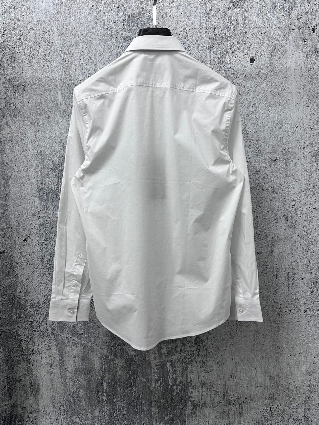 Burberry long-sleeve shirt, white, full back view on hanger
