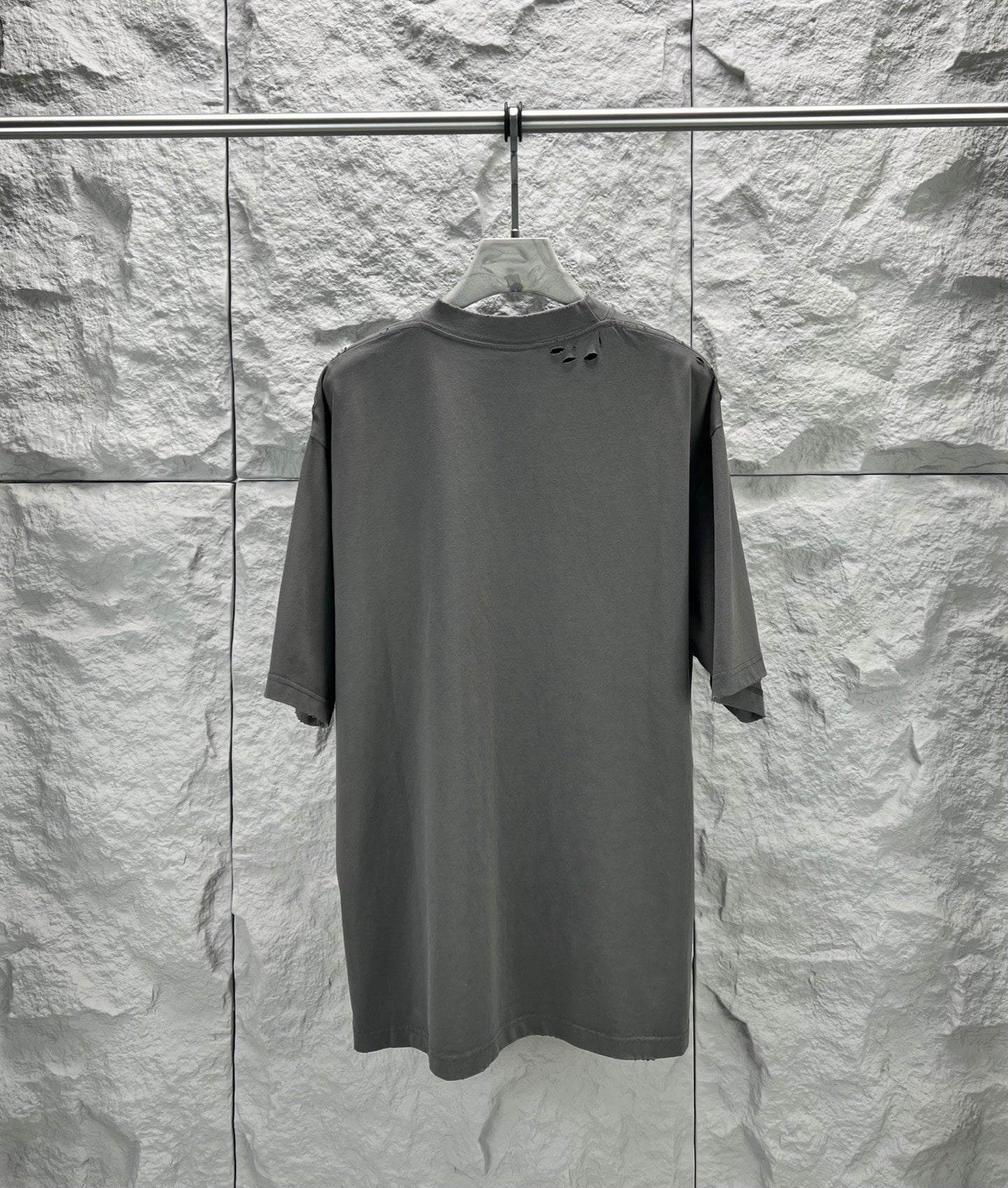 Crew-neck T-shirt, dark gray, short sleeves, plain back.