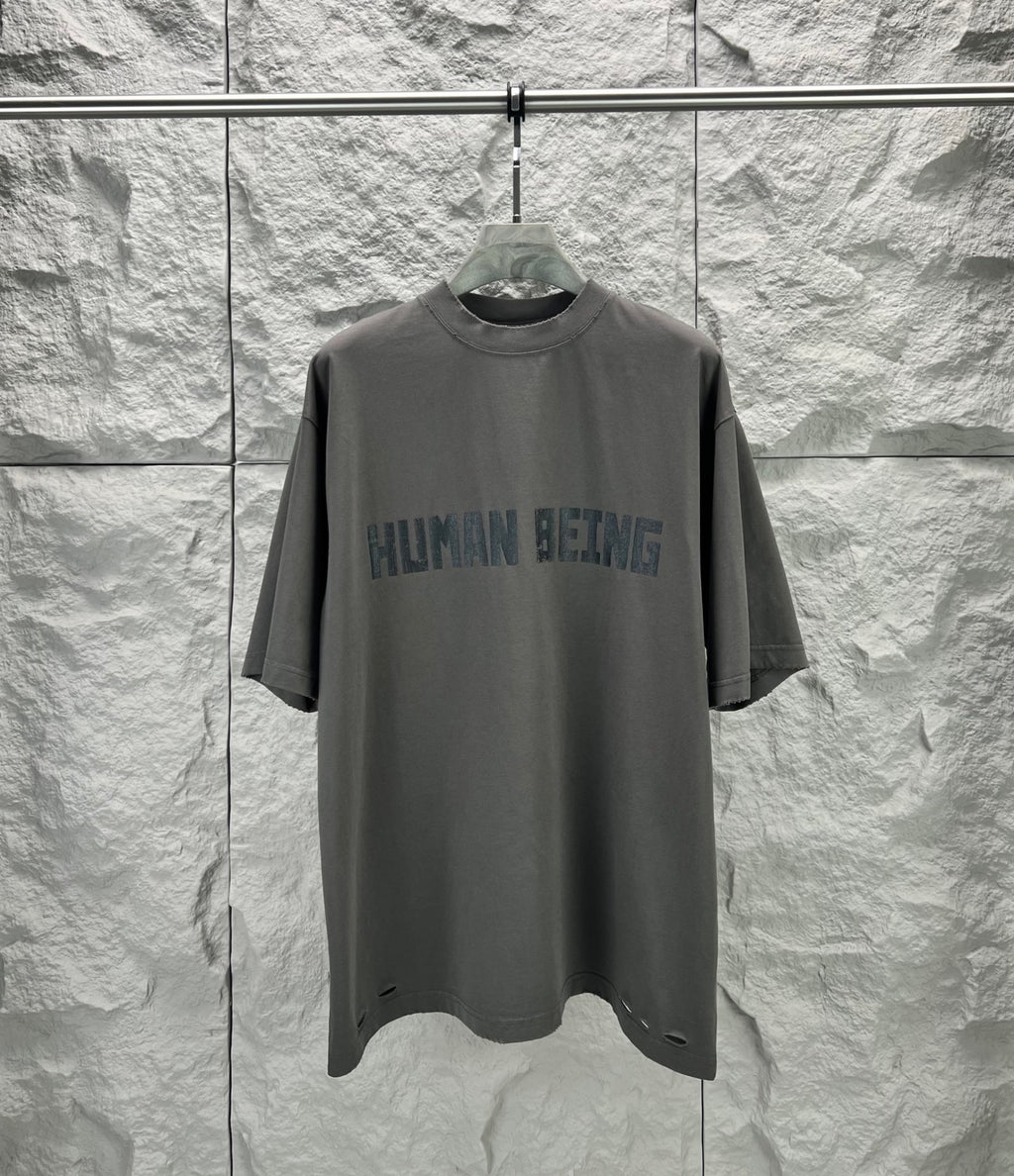Crew-neck T-shirt, dark gray, short sleeves, front graphic text print.