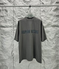 Crew-neck T-shirt, dark gray, short sleeves, front graphic text print.