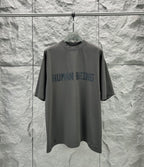 Crew-neck T-shirt, dark gray, short sleeves, front graphic text print.