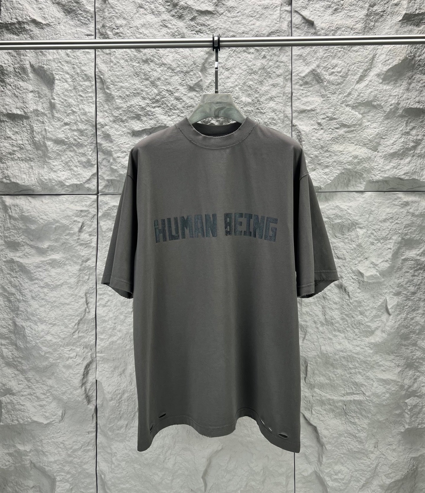 Crew-neck T-shirt, dark gray, short sleeves, front graphic text print.