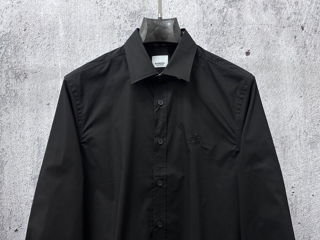 Burberry long-sleeve button-up shirt, dark black, chest pocket detail