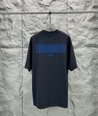 Black short-sleeve T-shirt with crew neck and blue back text graphic