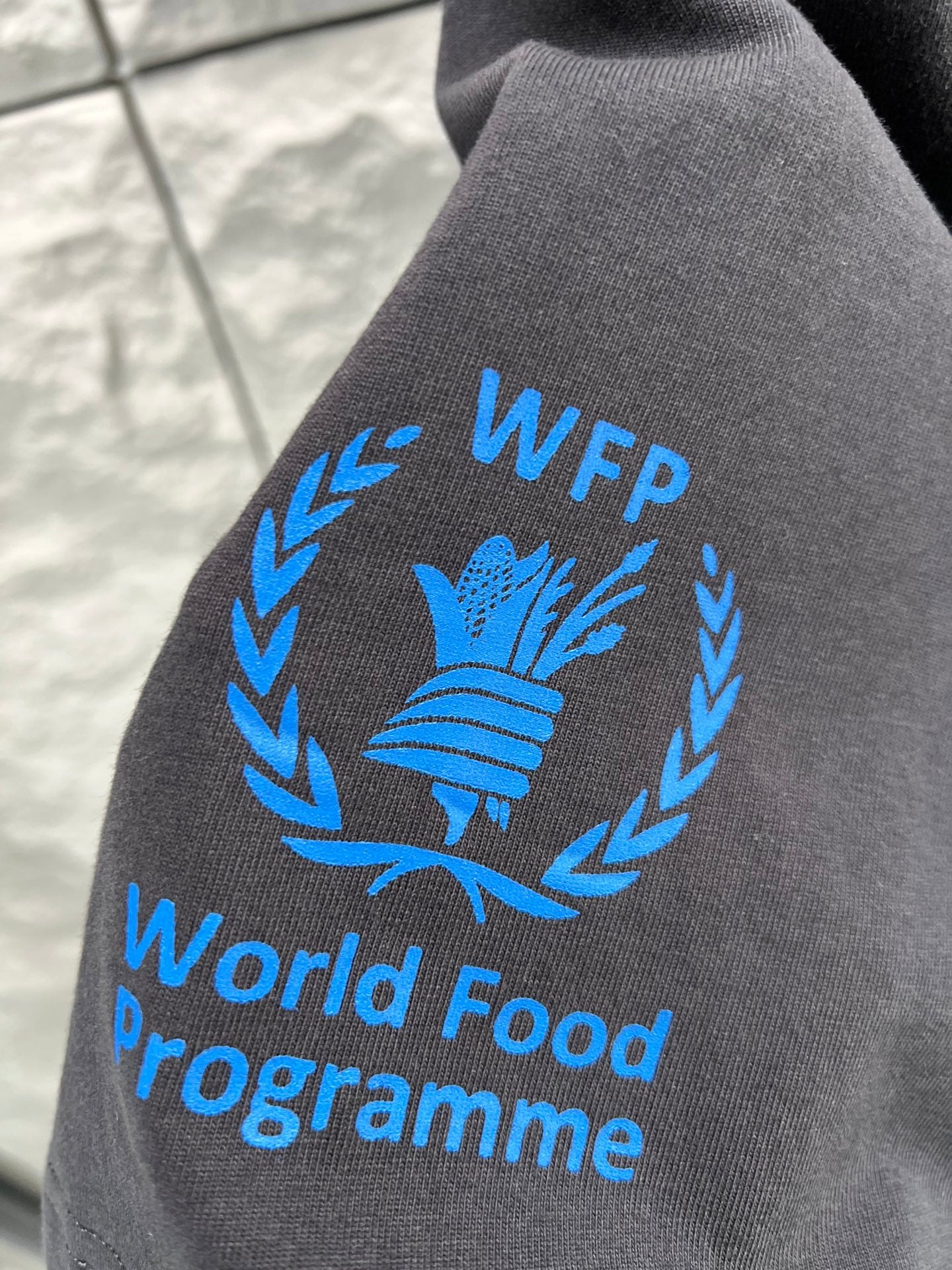 Gray T-shirt sleeve with blue laurel and text “World Food Programme” print