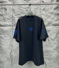 Black short-sleeve T-shirt with crew neck and blue WFP Balenciaga logo on chest