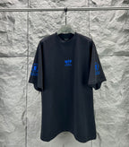 Black short-sleeve T-shirt with crew neck and blue WFP Balenciaga logo on chest