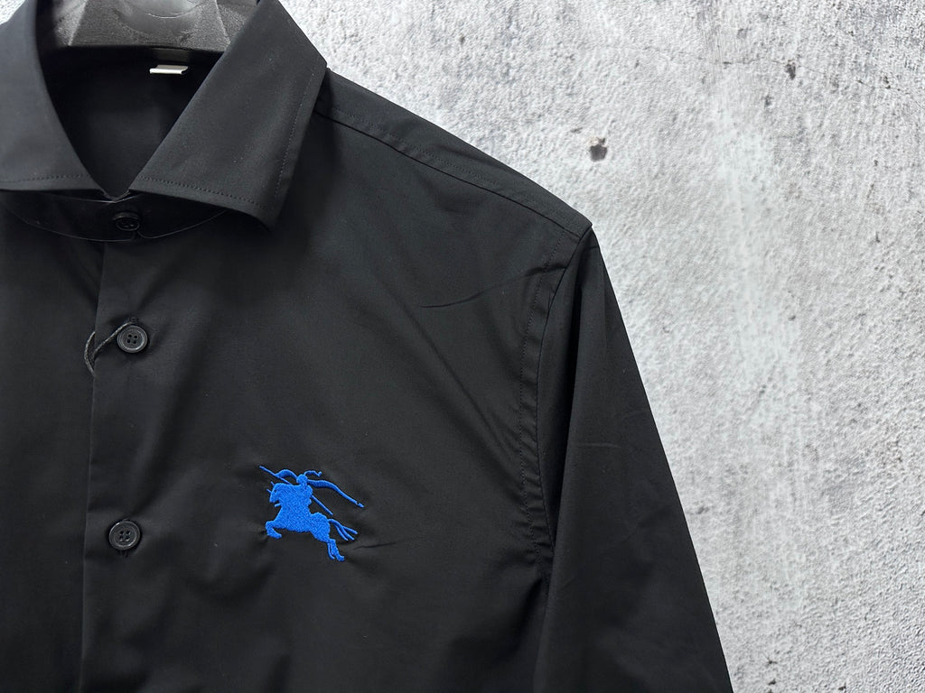 Burberry black button-front shirt with blue embroidered horse on chest