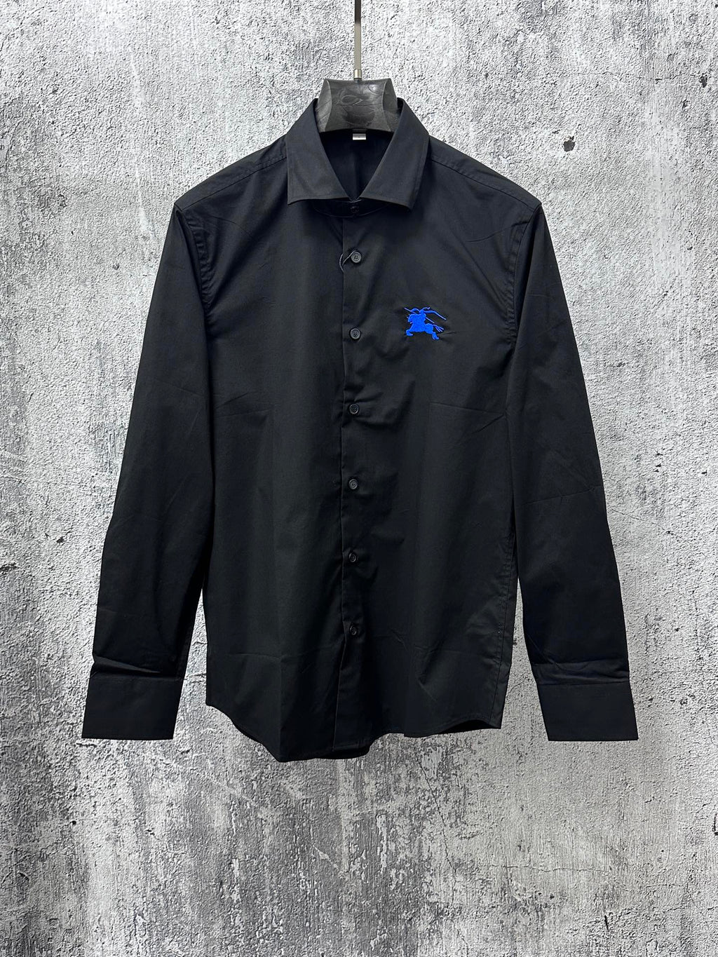 Burberry black button-front long-sleeve shirt with blue horse logo