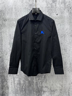 Burberry black button-front long-sleeve shirt with blue horse logo