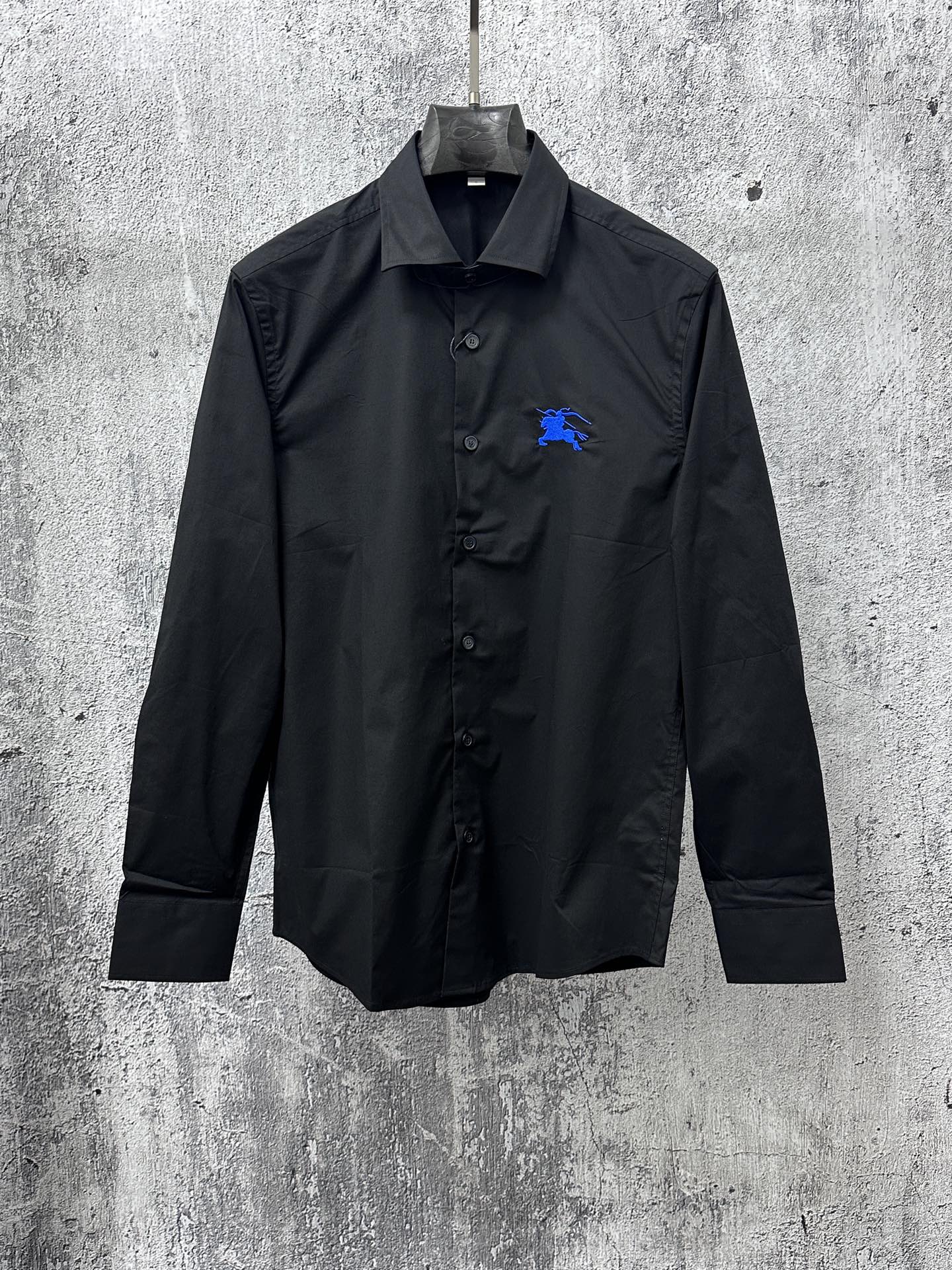 Burberry long-sleeve button-up shirt, black, spread collar, button front, blue logo