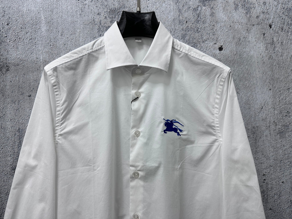 White long-sleeve button-up shirt with blue horse logo and button front