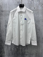 White long-sleeve button-up shirt with blue horse logo on chest