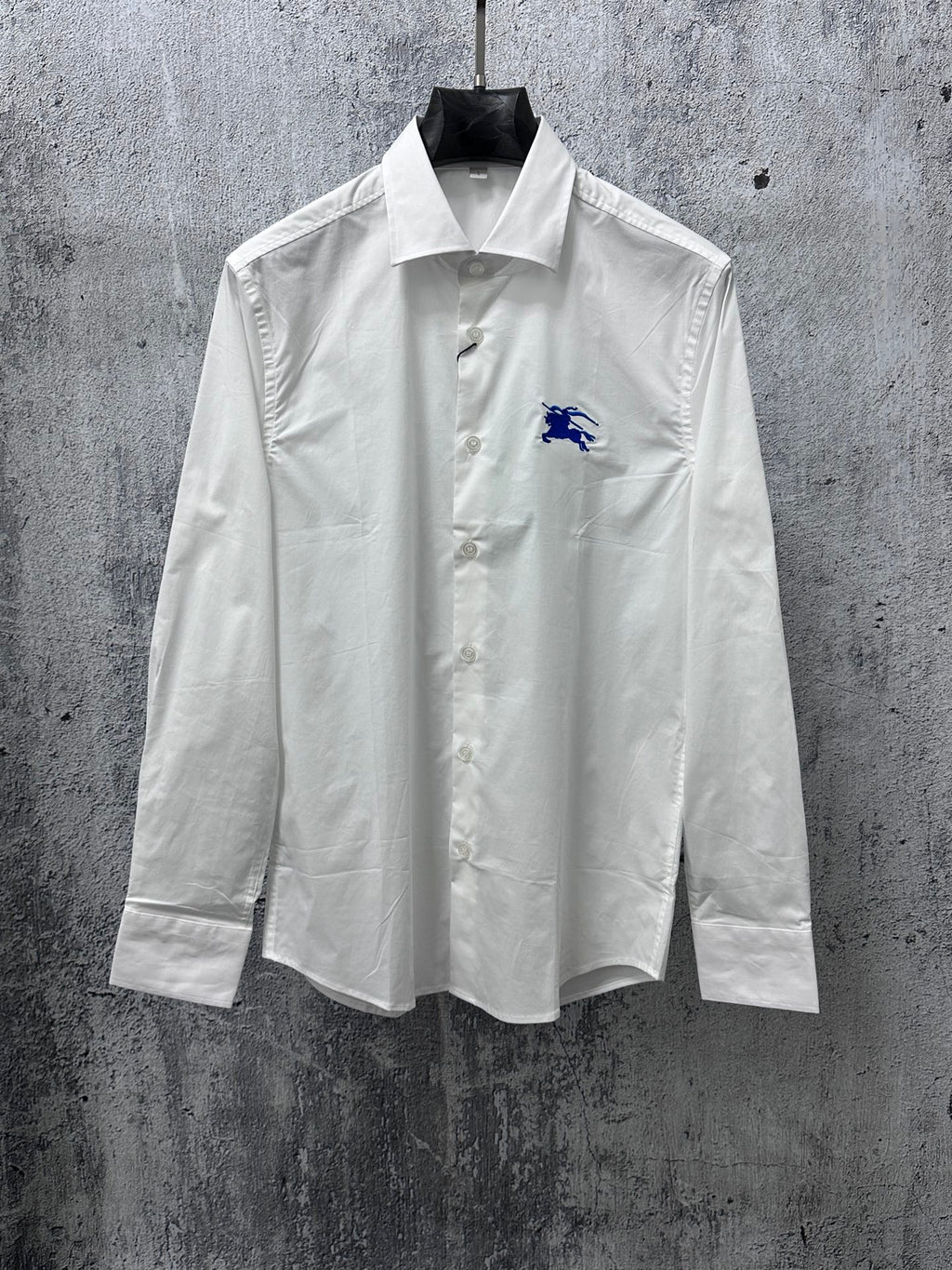 Burberry long-sleeve shirt, white poplin with blue polo-pony logo and button front
