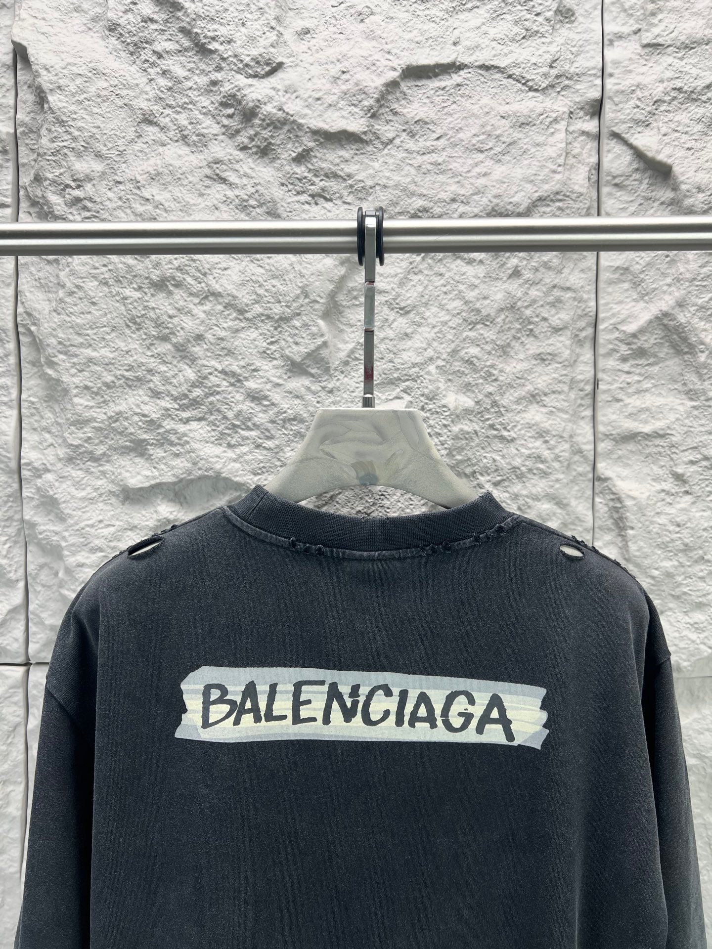 Dark charcoal T-shirt with Balenciaga back graphic and short sleeves