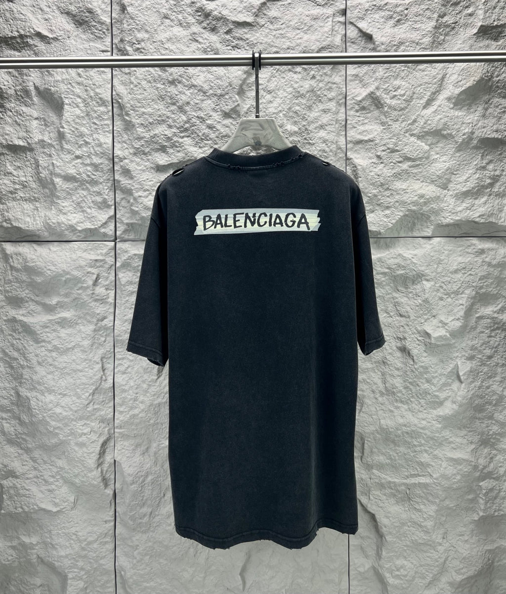 Dark charcoal Balenciaga logo T-shirt, back graphic with short sleeves