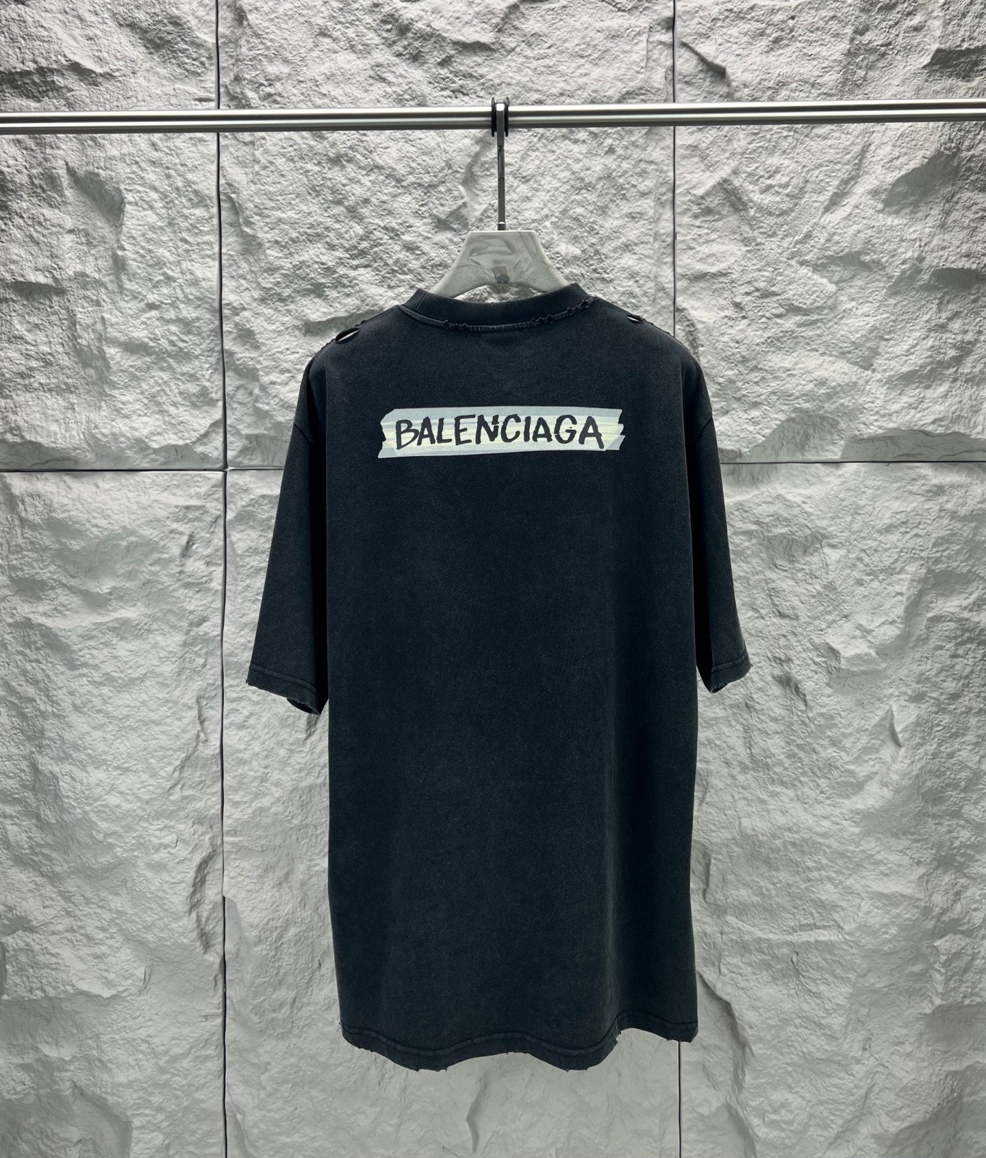 Dark charcoal Balenciaga logo T-shirt, back graphic with short sleeves