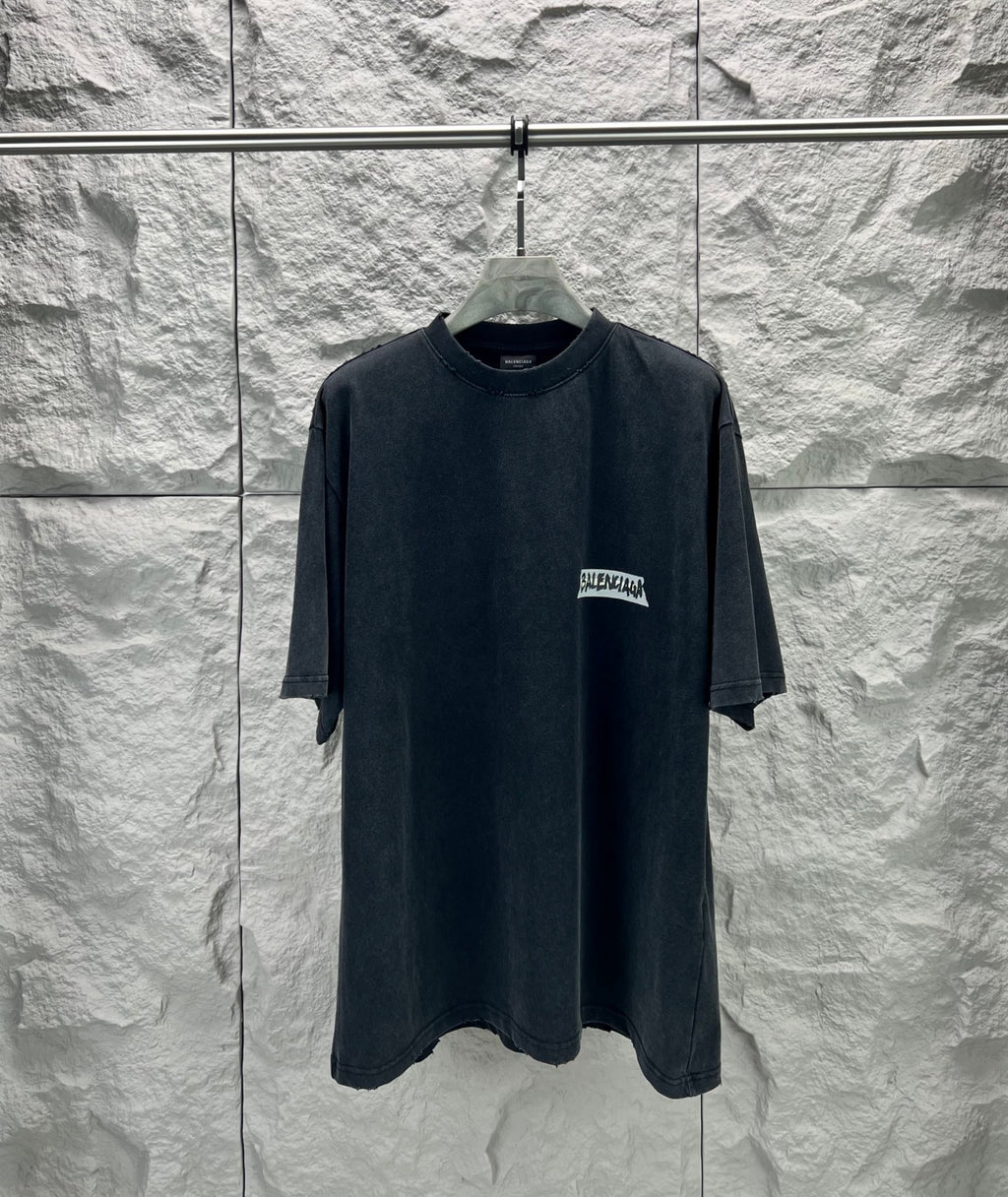 Dark charcoal Balenciaga logo T-shirt with short sleeves and crew neck