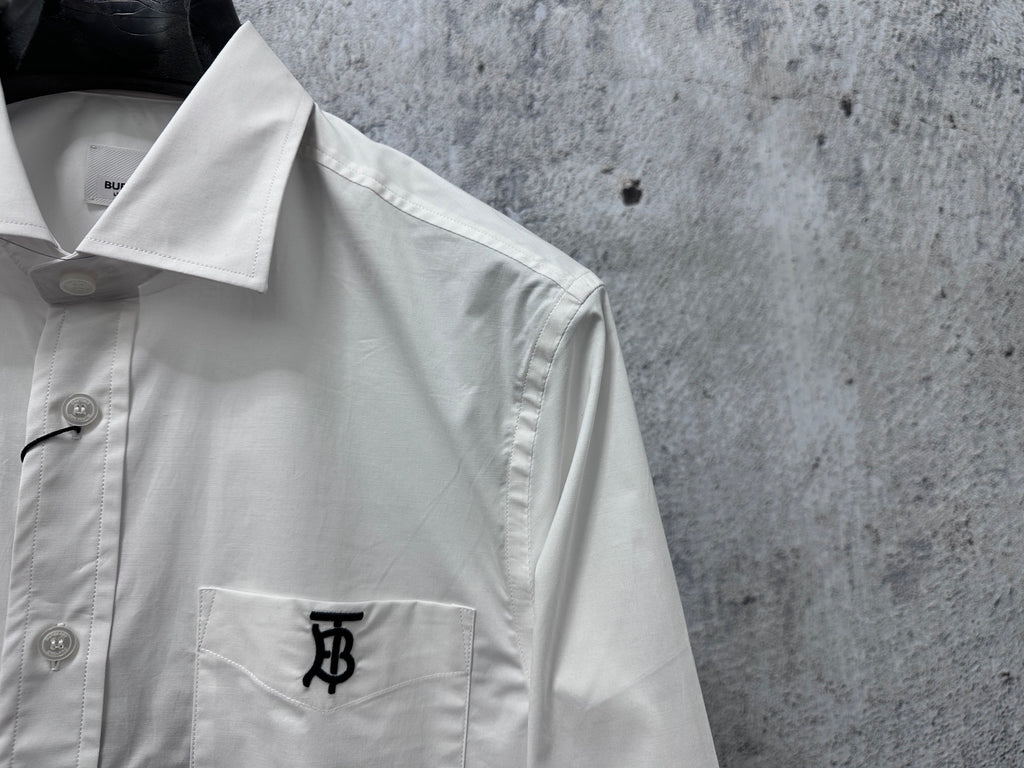 Burberry long-sleeve button-up shirt, white, chest pocket and logo detail