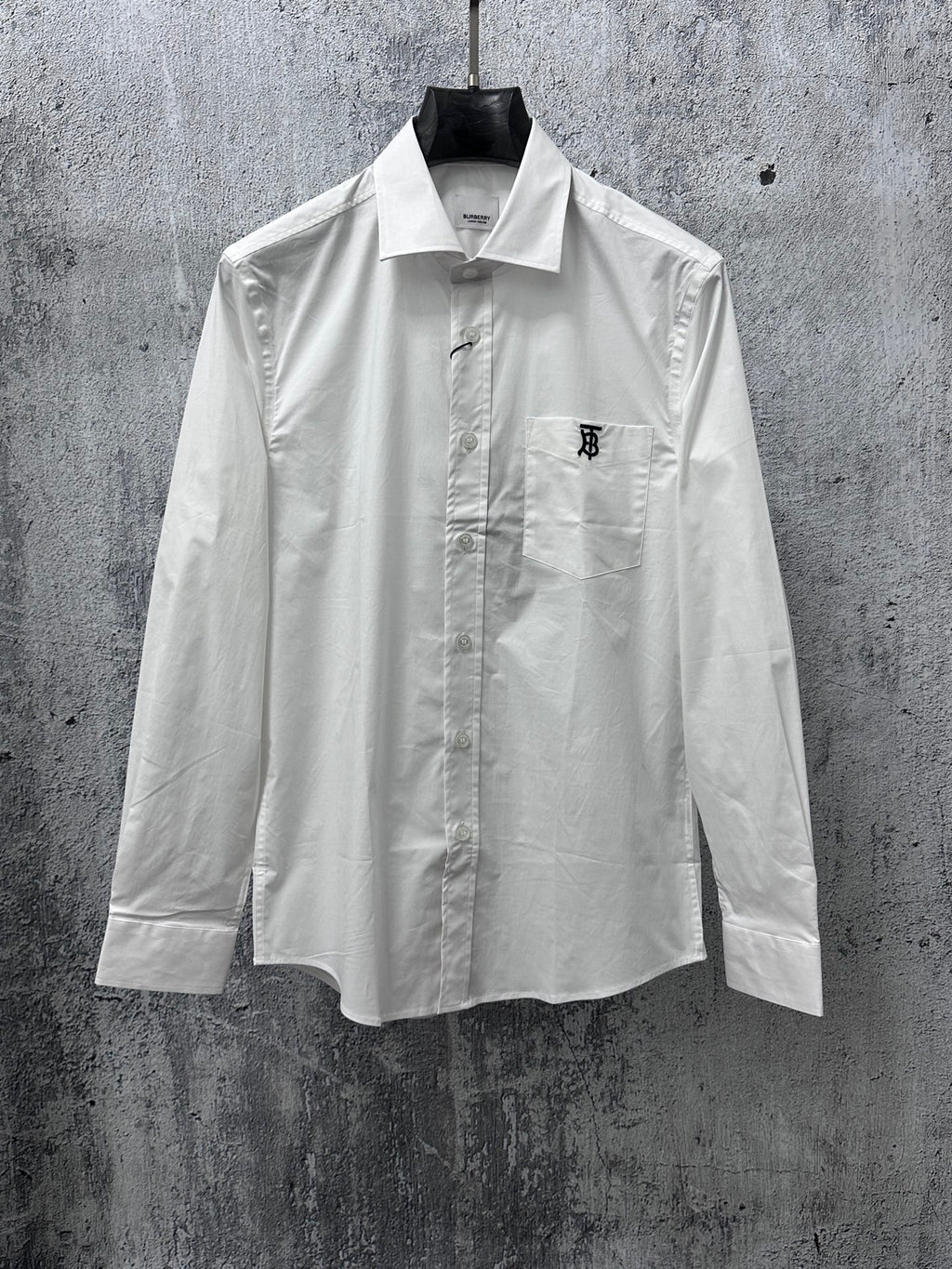 Burberry long-sleeve button-up shirt, white, front with pocket and TB logo