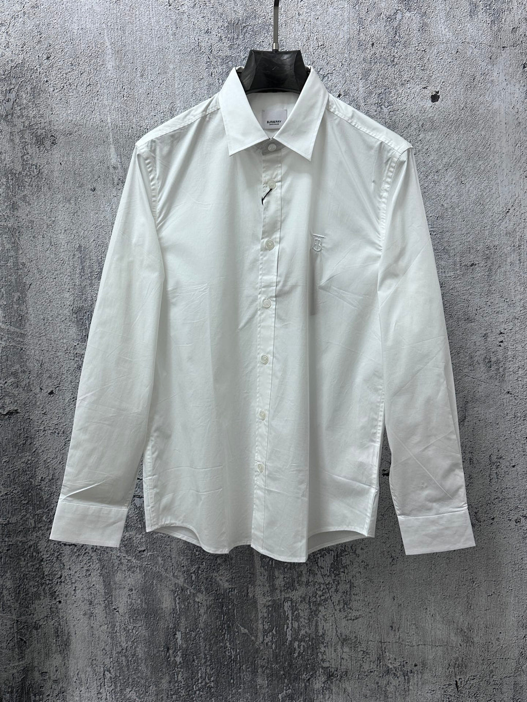 Burberry white button-up dress shirt with long sleeves and pointed collar
