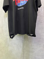 Black Balenciaga T-shirt front with Planet Earth graphic and Balenciaga logo