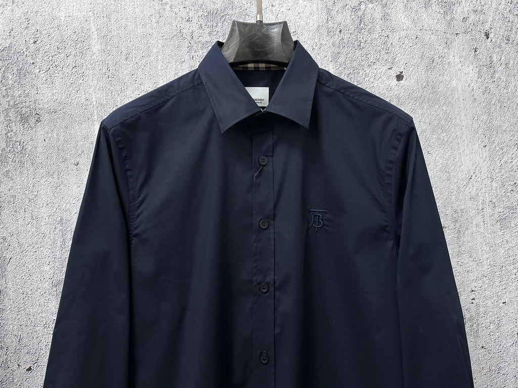 Burberry long-sleeve button-up shirt, dark navy with chest B logo and front buttons